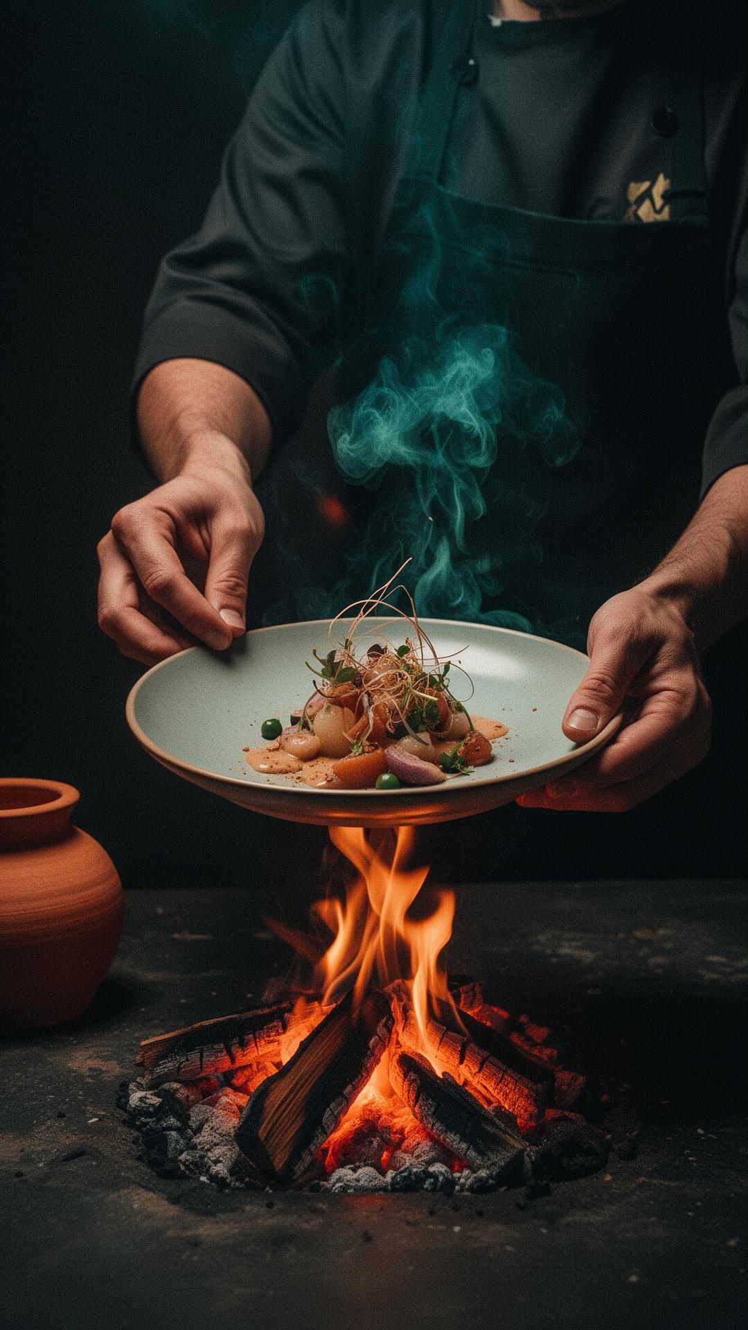 Chef plating an experimental dish over live fire at The Curio Table